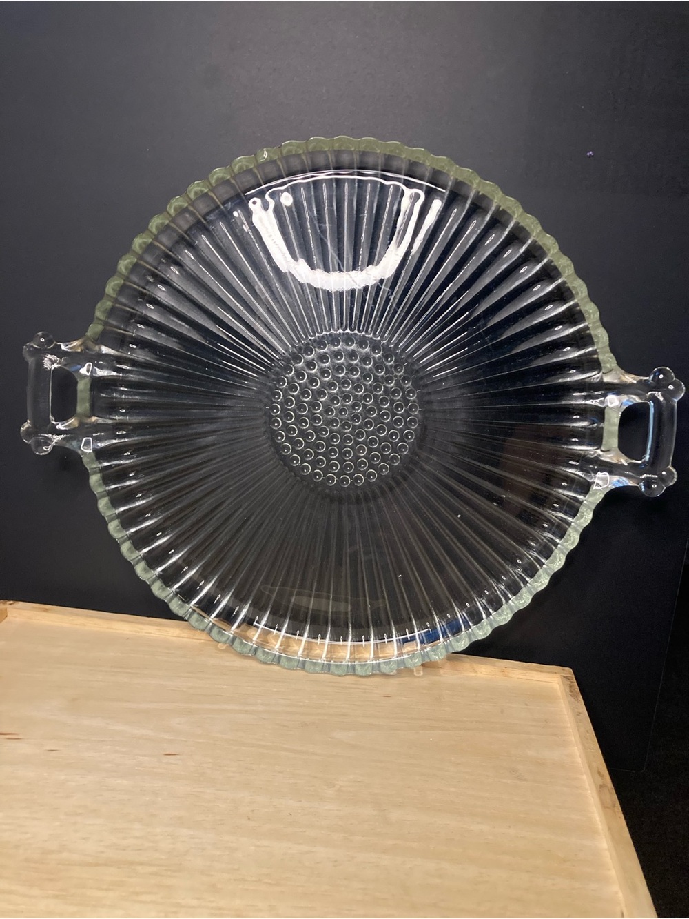 Vintage Jeannette Glass Clear “National” Ribbed Platter/Tray with Handles 12”
